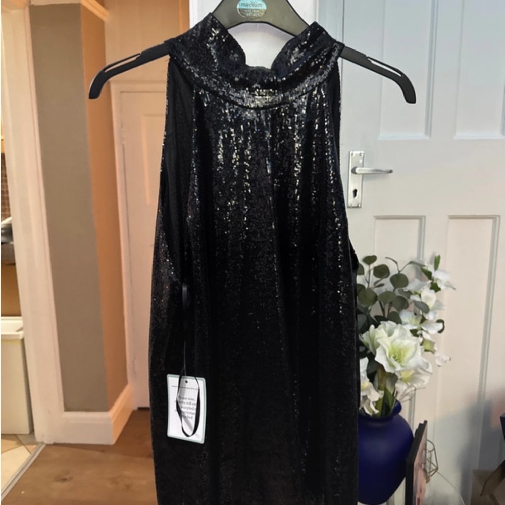 NWT Galvan Black Sequin Halter Top